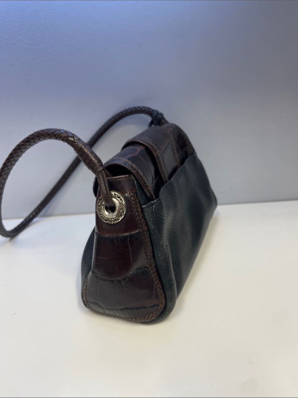 BRIGHTON Vintage Brown and Black Croc-Accent Shoulder Bag - Picture 7 of 12